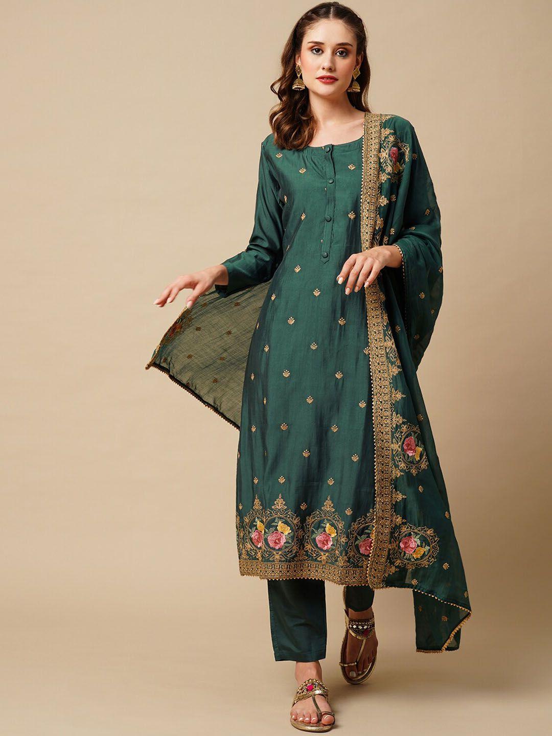 fashor green floral embroidered kurta with trousers & dupatta