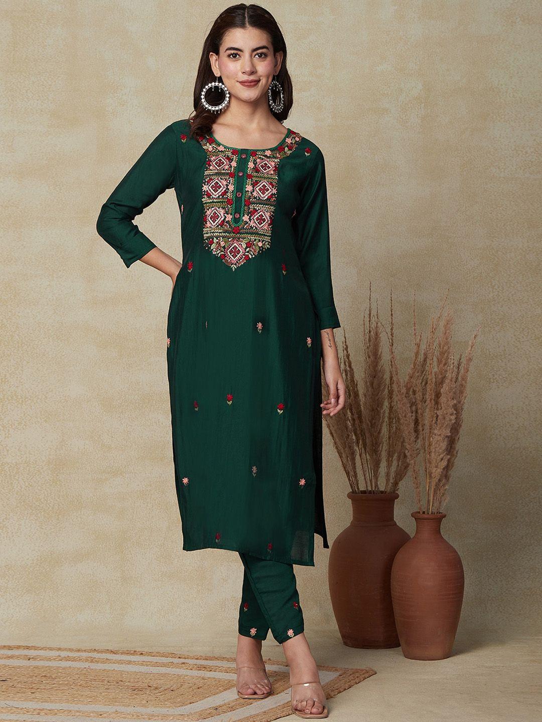 fashor green floral embroidered straight kurta