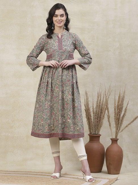 fashor green floral print a line kurta