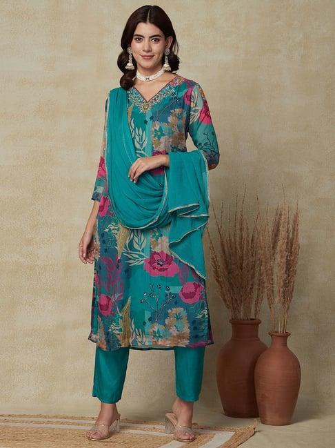 fashor green floral print kurta pant set with dupatta