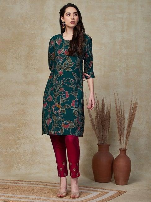 fashor green floral print straight kurti