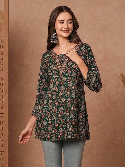 fashor green floral print straight kurti