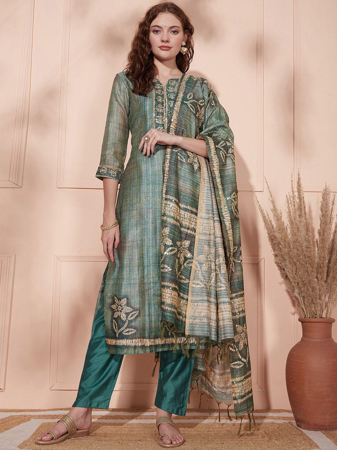 fashor green floral printed regular kurta & trousers with dupatta