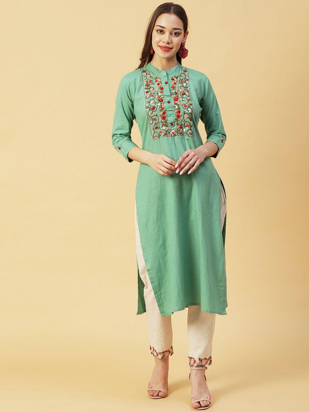 fashor green floral yoke design thread work sequined cotton kurta
