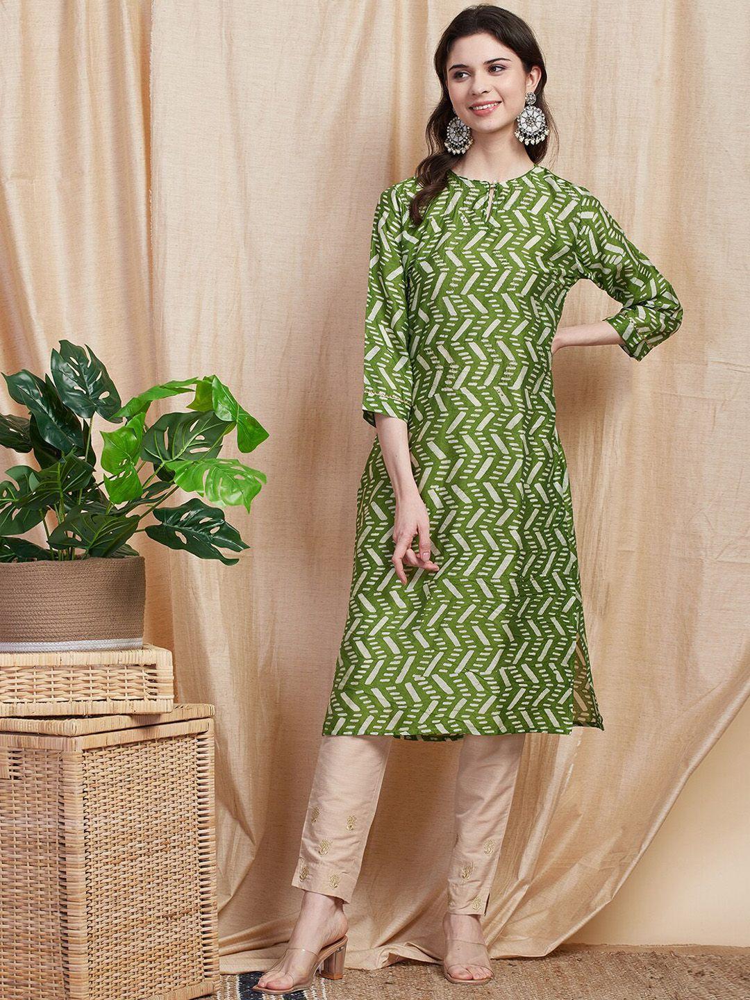 fashor green geometric printed keyhole neck zari chanderi silk straight kurta