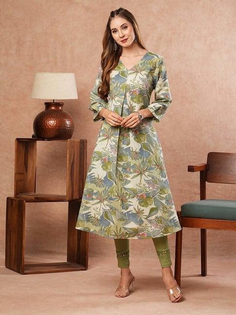 fashor green printed a-line kurta