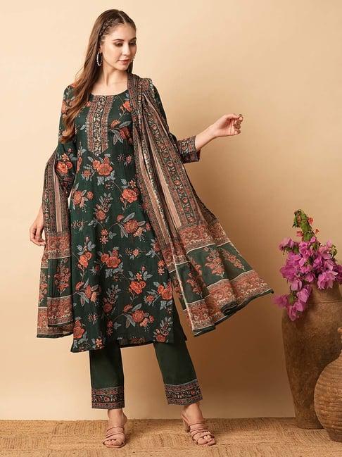 fashor green printed kurta & pants set with dupatta