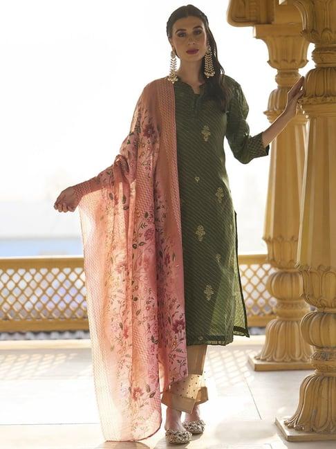 fashor green printed straight kurta with dupatta