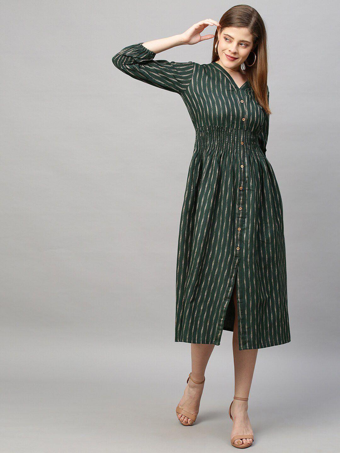 fashor green striped a-line midi dress