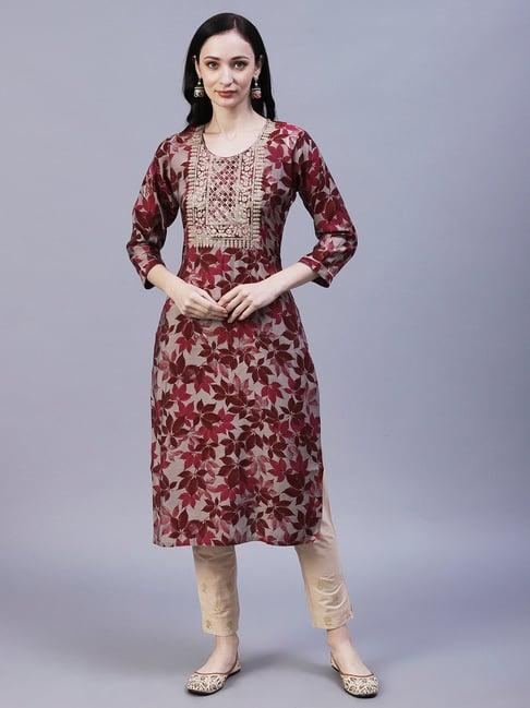 fashor grey & maroon embroidered straight kurta