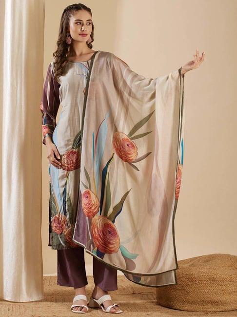 fashor grey & purple floral print kurta & pant set with dupatta