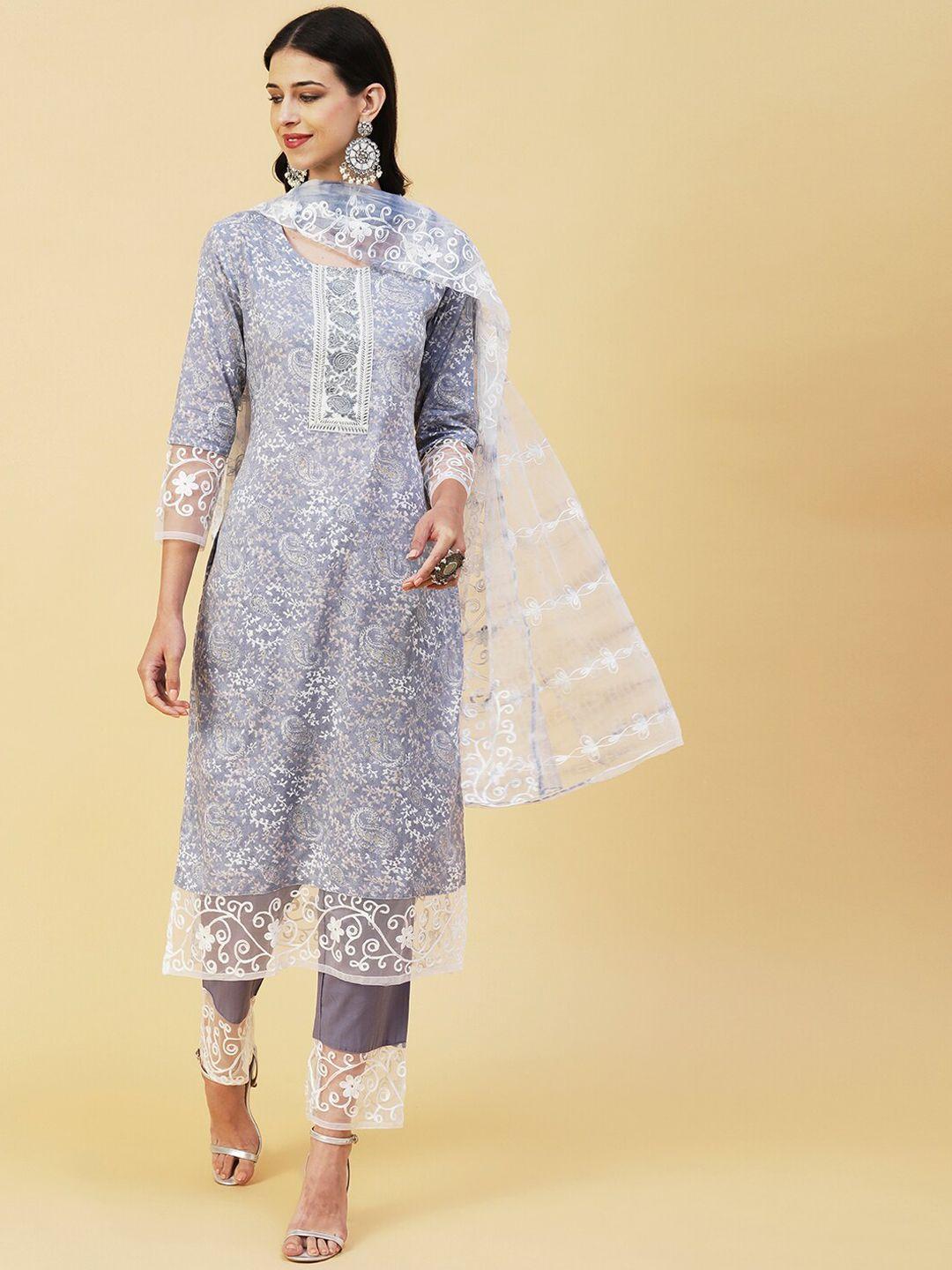 fashor grey & white paisley printed thread work pure cotton kurta with trousers & dupatta