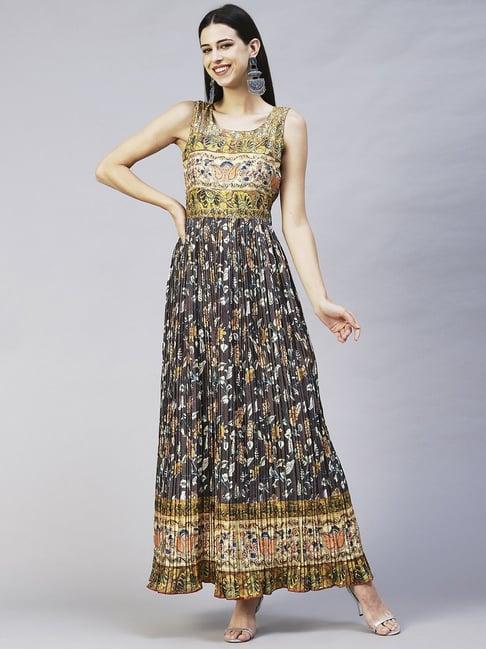 fashor grey & yellow printed maxi dress