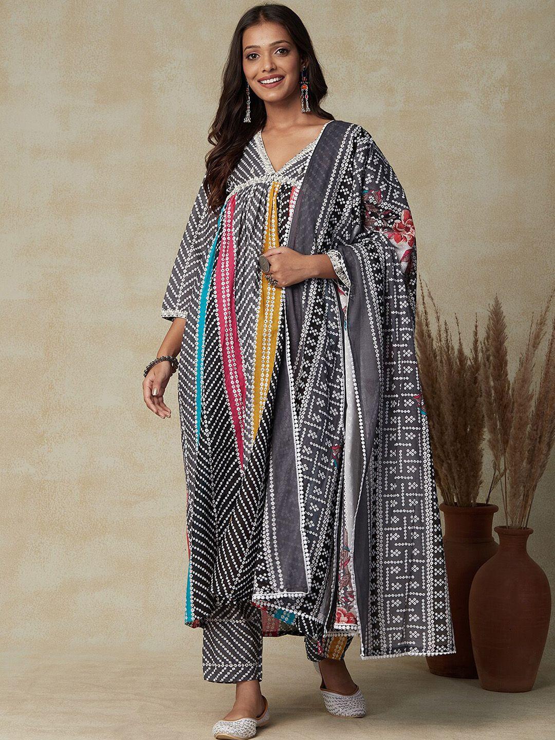 fashor grey bandhani printed empire pure cotton anarkali kurta with trousers & dupatta