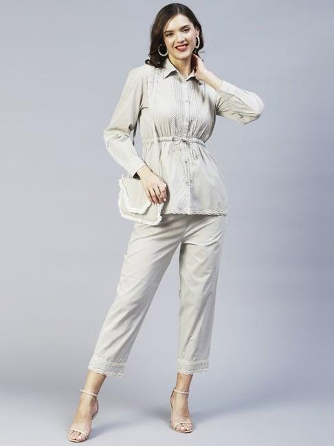 fashor grey cotton embroidered tunic pant set