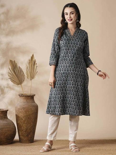 fashor grey cotton printed a line kurta