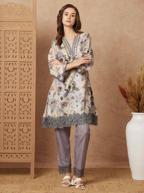 fashor grey cotton printed kurta & pant set