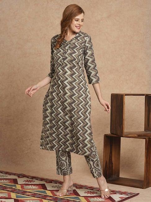 fashor grey cotton printed kurta pant set