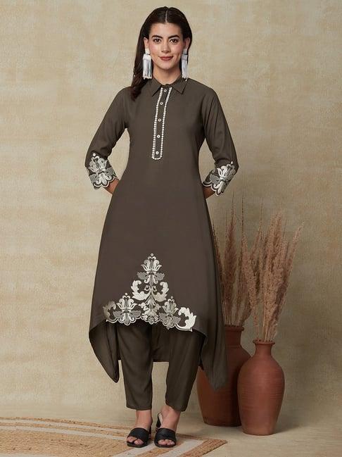 fashor grey embroidered kurta pant set