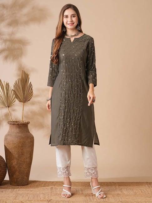 fashor grey plain straight kurta