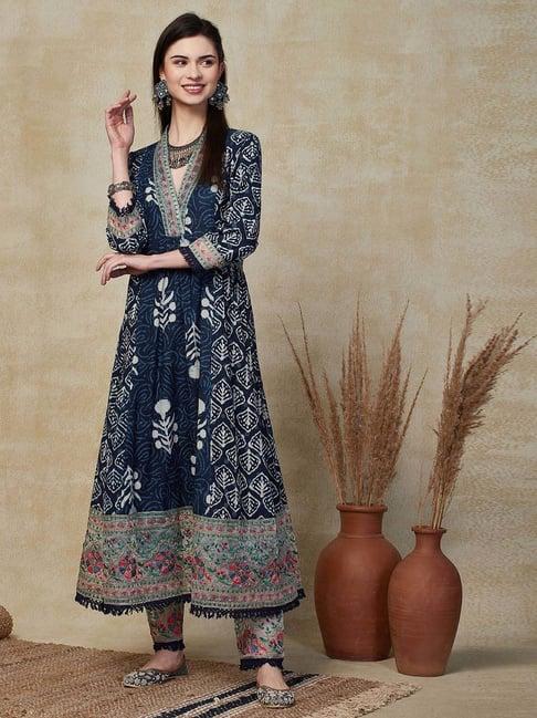 fashor indigo cotton printed kurta & pant set