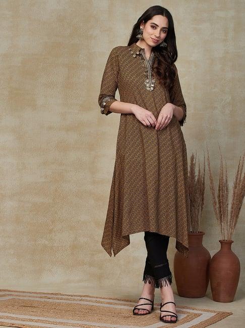 fashor khaki cotton printed a line kurta