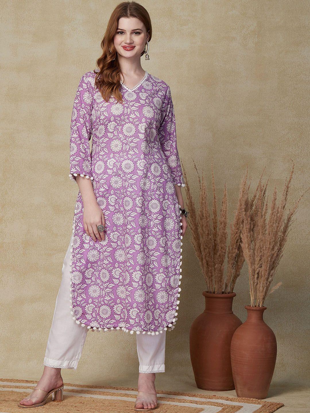fashor lavender floral printed v-neck thread work pure cotton a-line kurta
