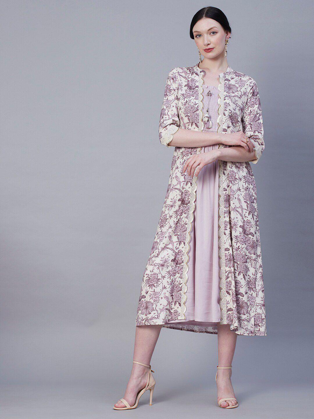 fashor lavender smocked a-line midi dress with floral printed longline jacket