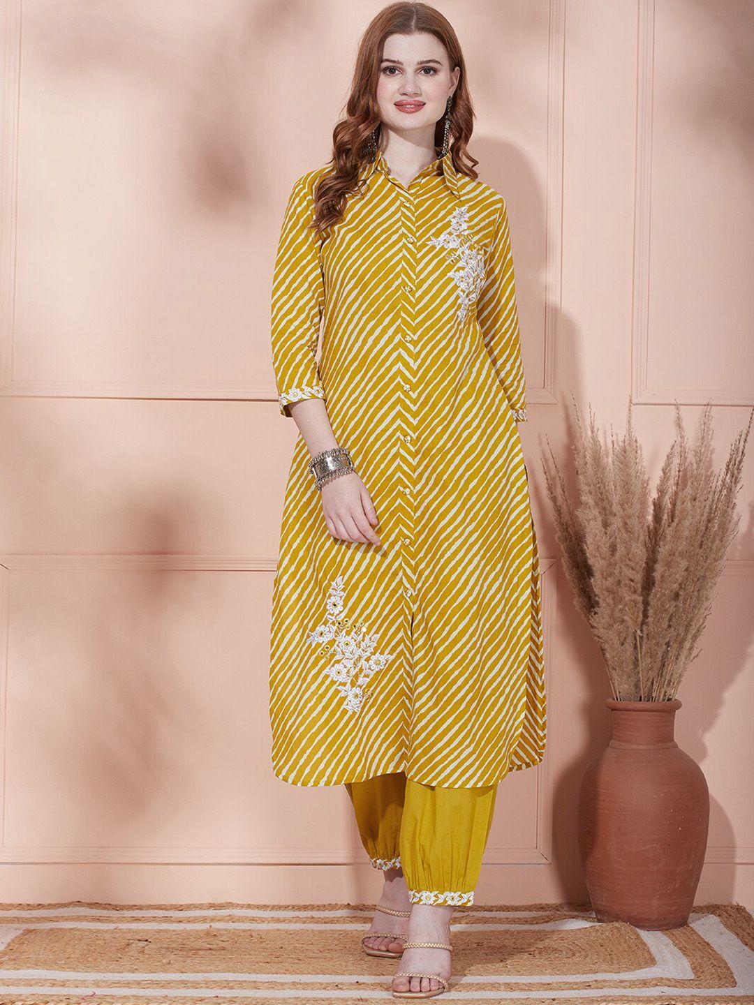 fashor leheriya printed regular mirror work kurta with trousers