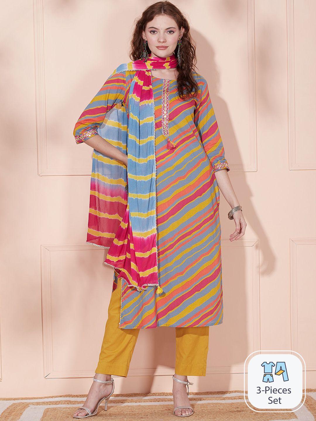 fashor leheriya striped mirror work pure cotton kurta & trousers with dupatta