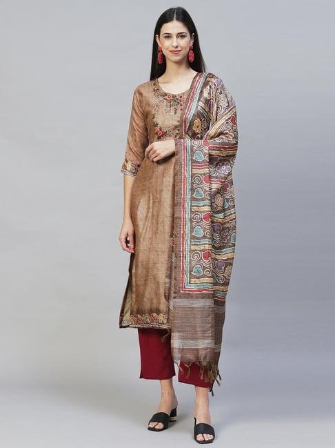 fashor light brown abstract printed & hand embroidered straight kurta with dupatta