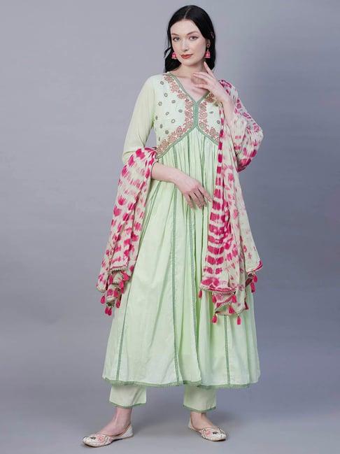 fashor light green cotton floral anarkali kurta & pants with dupatta