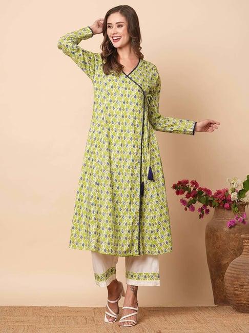 fashor lime green & white cotton printed kurta pant set