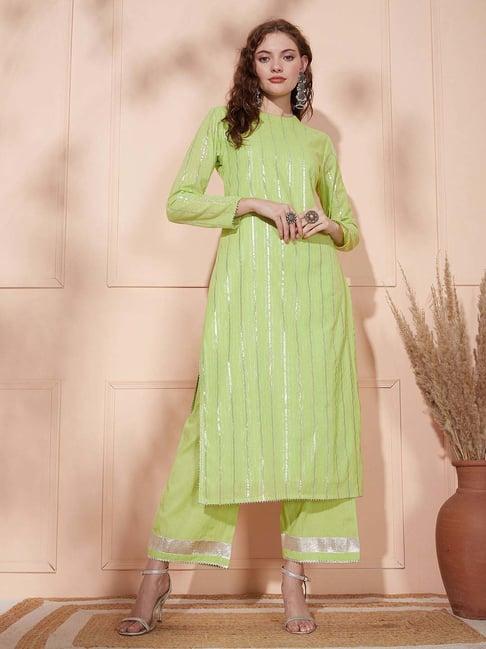 fashor lime green cotton zari work kurta palazzo set