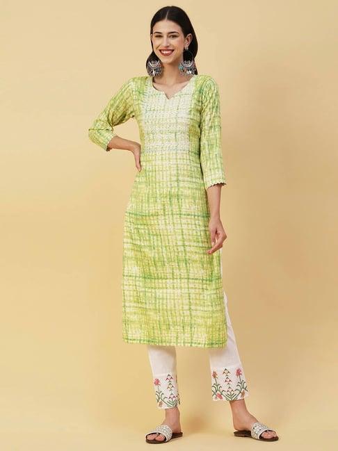 fashor lime green embroidered straight kurta