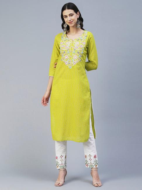 fashor lime green embroidered straight kurta