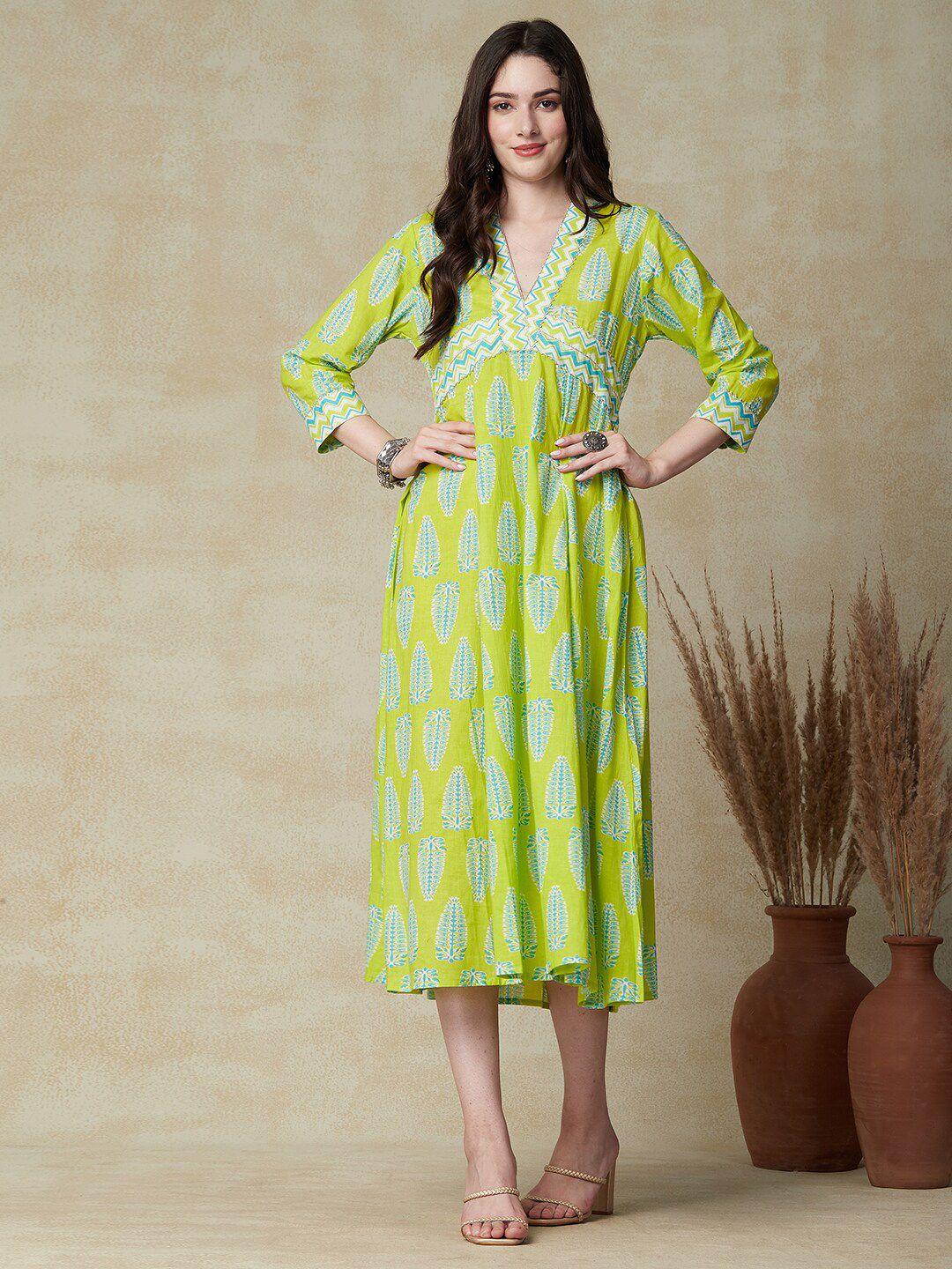fashor lime green floral print a-line midi dress