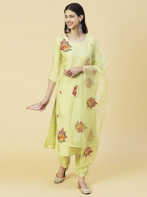 fashor lime green floral print kurta pant set with dupatta