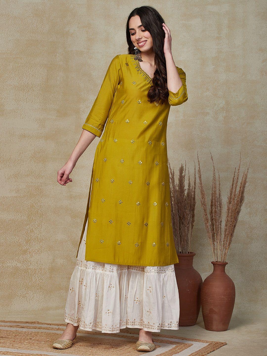 fashor lime green mirror work embroidered v-neck extended sleeves a-line kurta