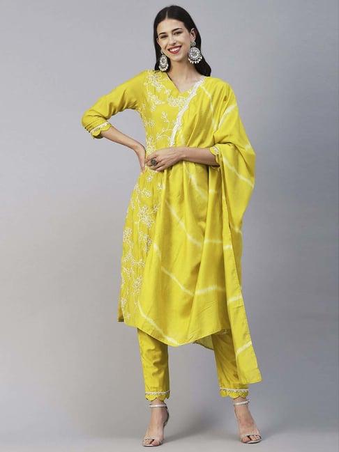 fashor lime yellow embroidered kurta pant set with dupatta