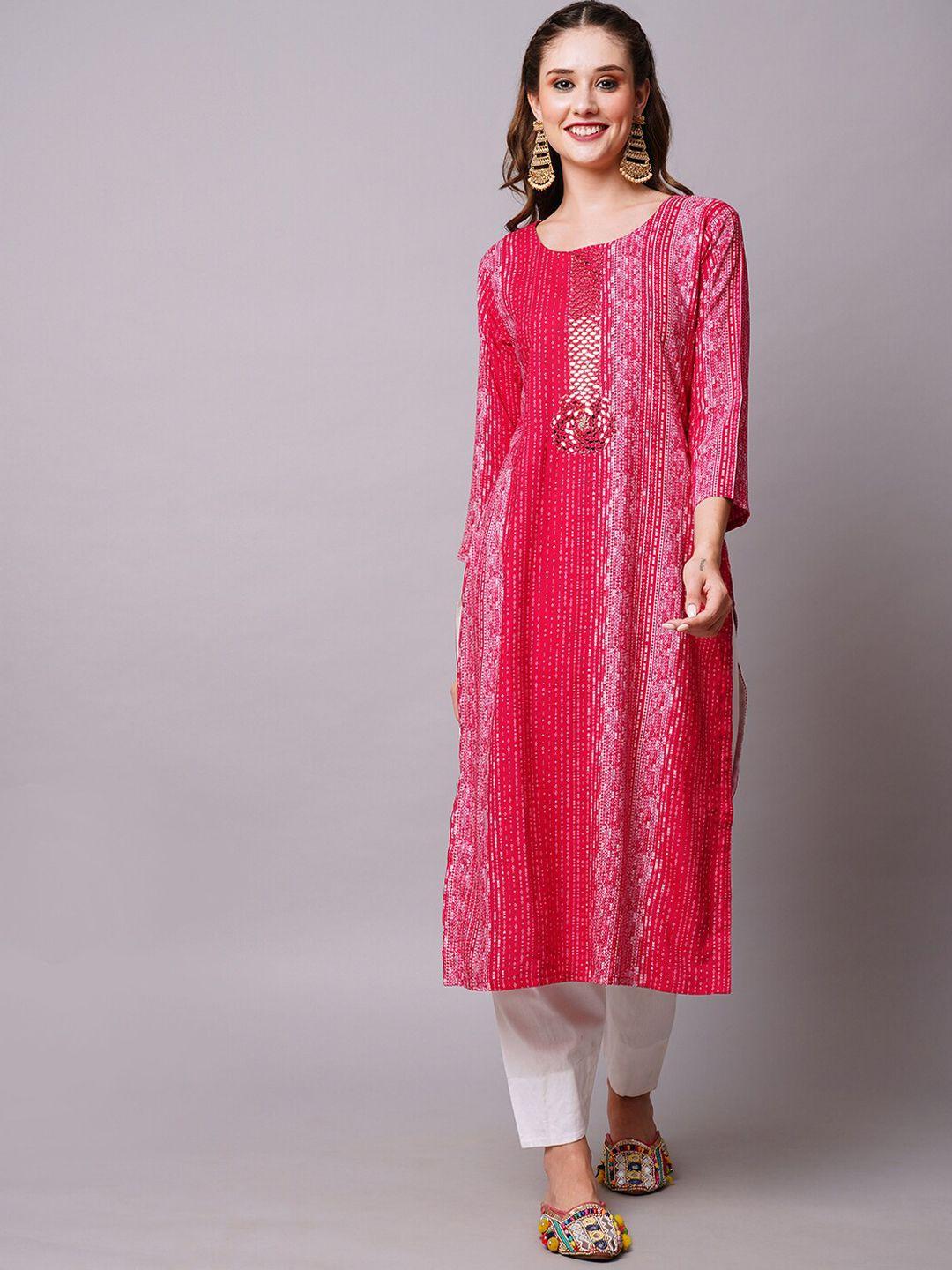 fashor magenta geometric printed mirror work kurta