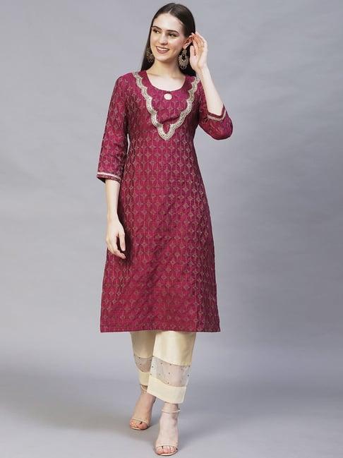 fashor magenta woven pattern straight kurta