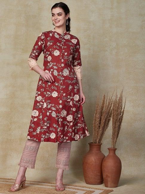 fashor maroon cotton floral print straight kurta