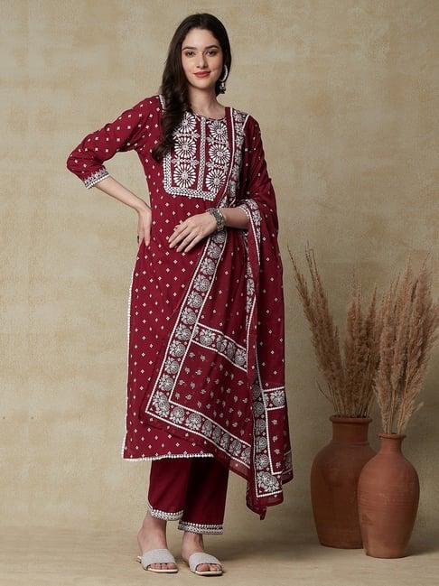 fashor maroon cotton printed kurta pant set with dupatta