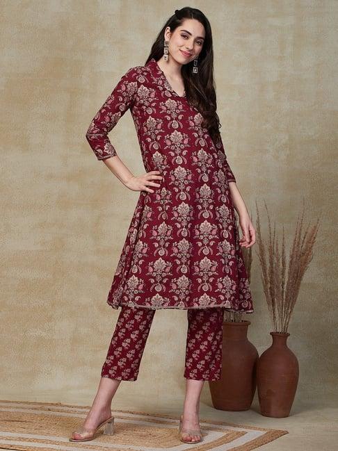 fashor maroon cotton printed kurta pant set