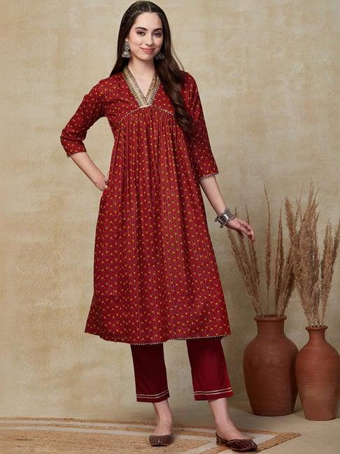 fashor maroon cotton printed kurta pant set