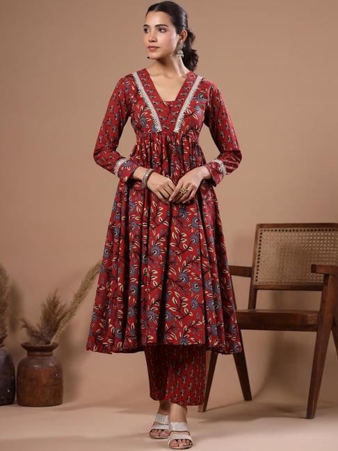 fashor maroon cotton printed kurta pant set