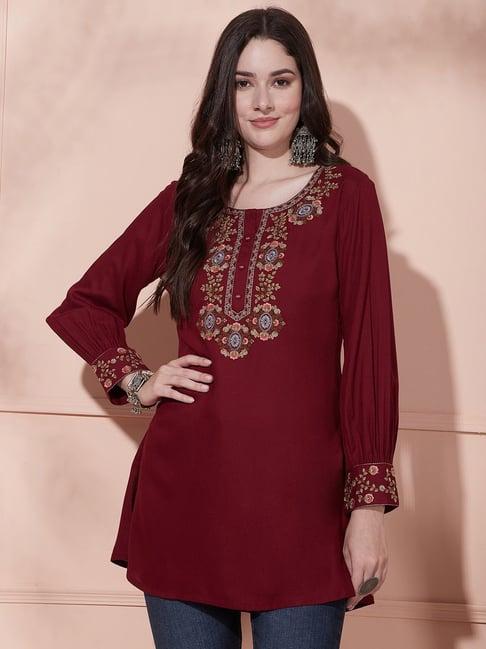 fashor maroon embroidered a line short kurti