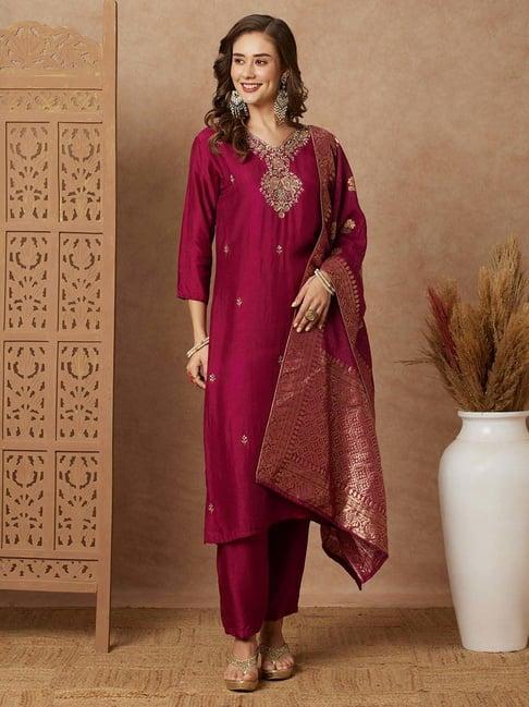 fashor maroon embroidered kurta & pant set with dupatta