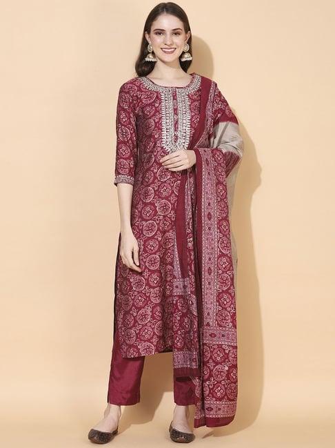 fashor maroon embroidered kurta pant set with dupatta